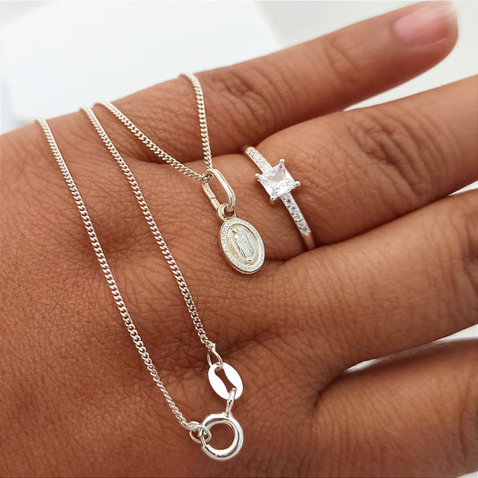 Conjunto cadena, dije Mini Guadalupe y Anillo Cristal Light