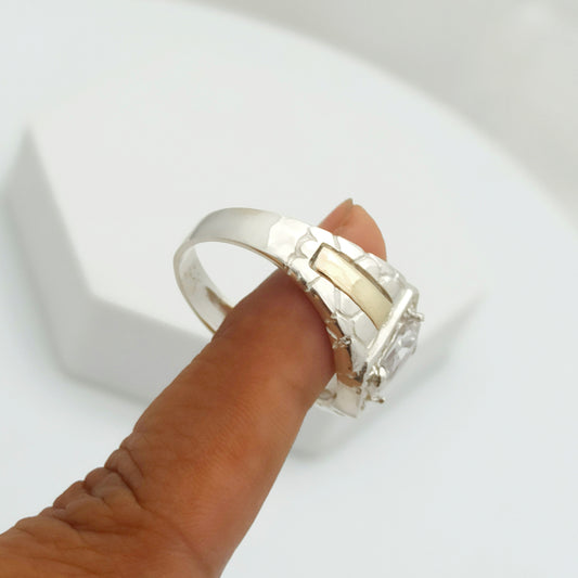 Anillo Halo Rectangular Cristal Plata y Oro