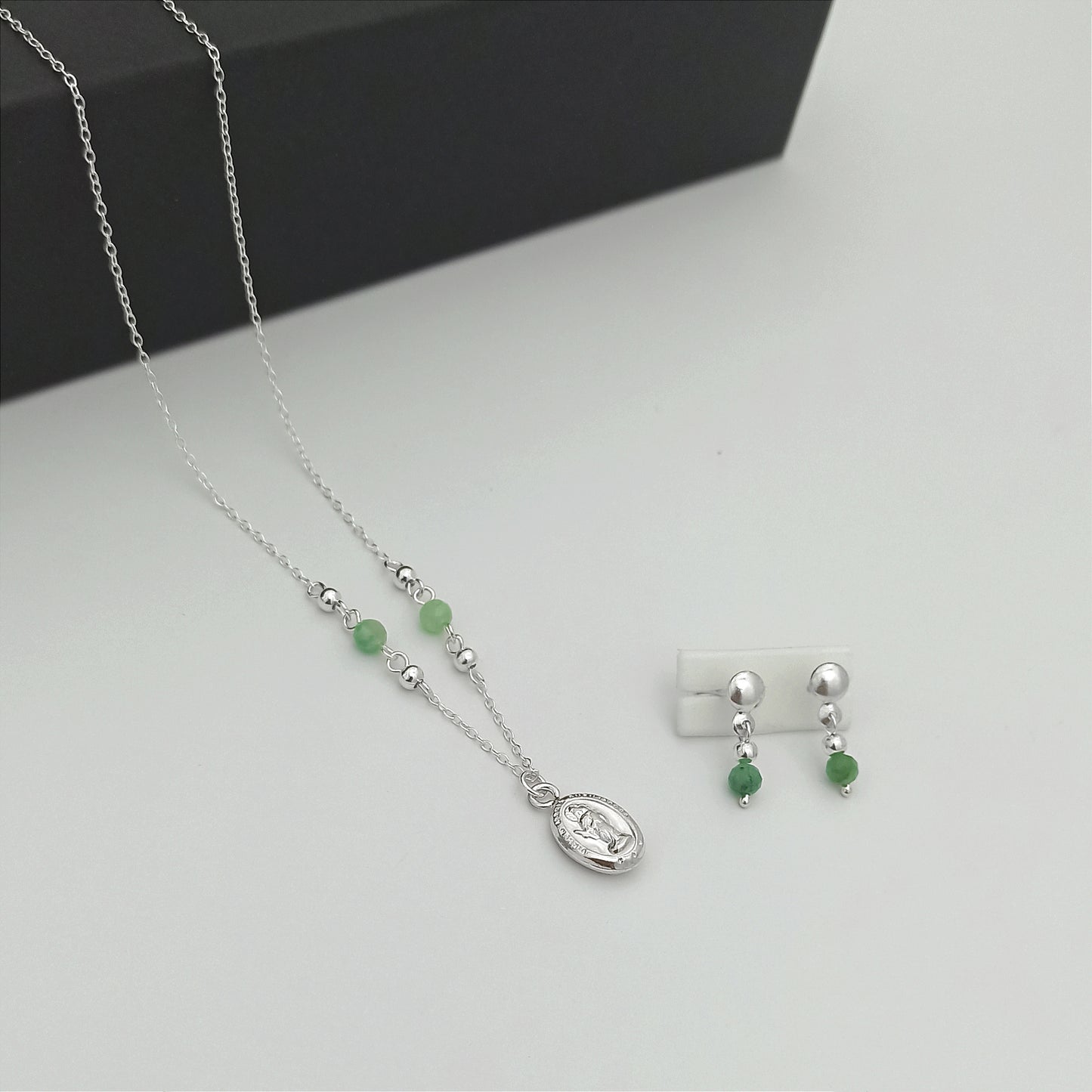JP61002 - Conjunto Esmeralda Morralla con Cadena, Dije y Aretes