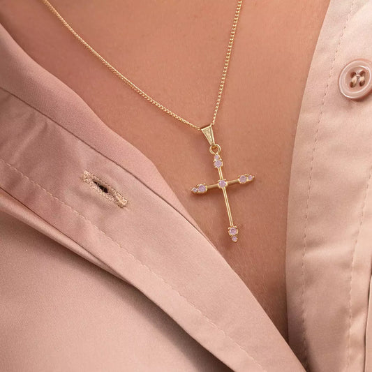 23090RS - Dije Cruz Tubular 9 circonias ROSADO