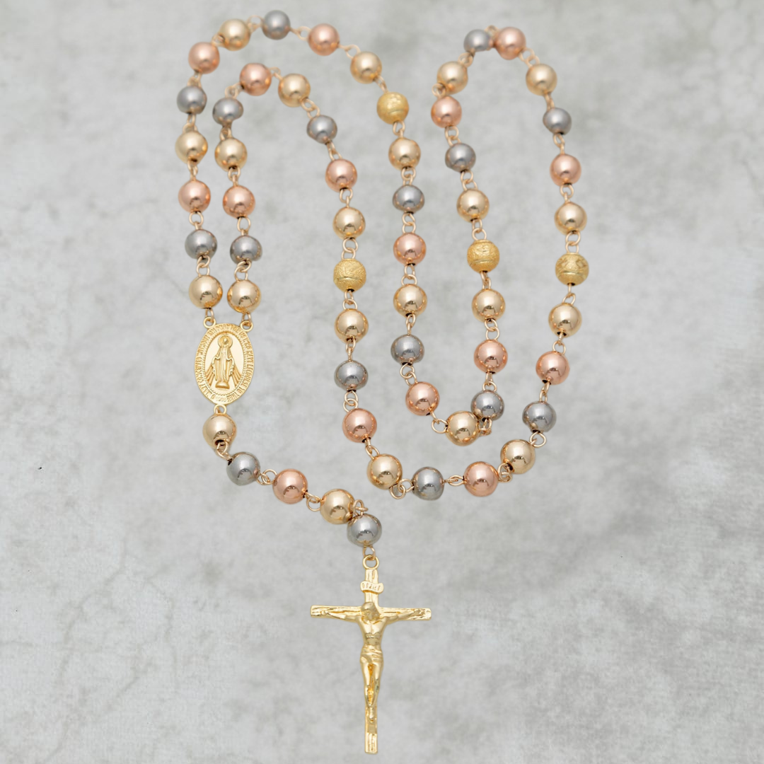 R003 - Rosario en Filigrana con balines 3 Oros y Cruz Madero