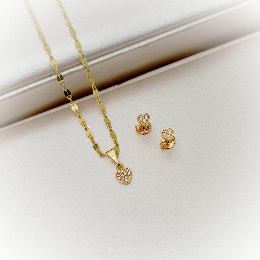 Set Cadena, Dije y topitos Mini Corazón con Circonias