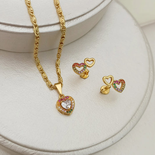 Set Cadena, dije y topitos Corazón con Circones Rainbow