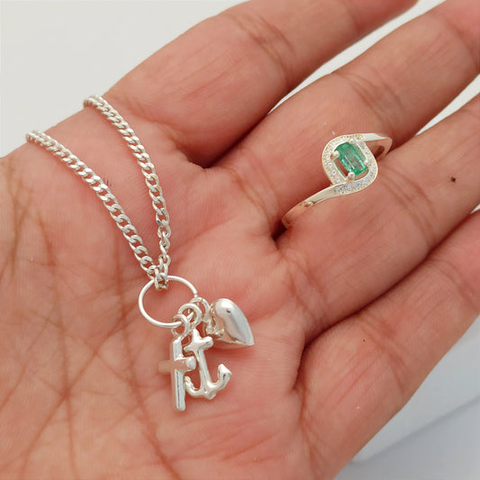 Conjunto cadena, dije y Anillo Solitario Esmeralda
