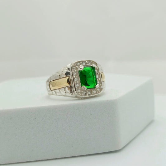 Anillo Halo Rectangular Verde Plata y Oro