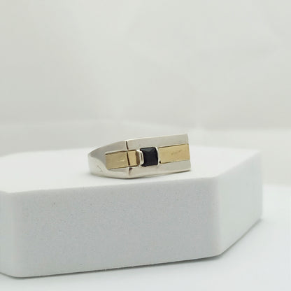 Anillo Cuadrado Plata y Oro con Circon Negro