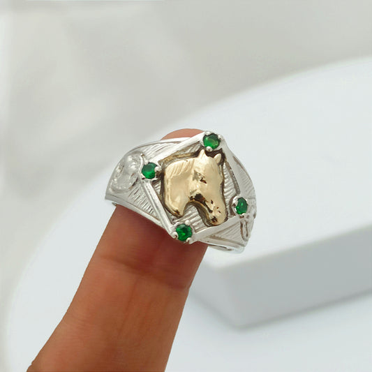 Anillo Caballo en Plata y Oro con Circones Verdes