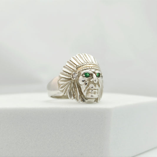 Anillo Indio Plata y Oro con CIrcones Verdes
