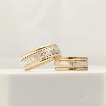 Par de Argollas con Grabado Laurel en Plata y Oro