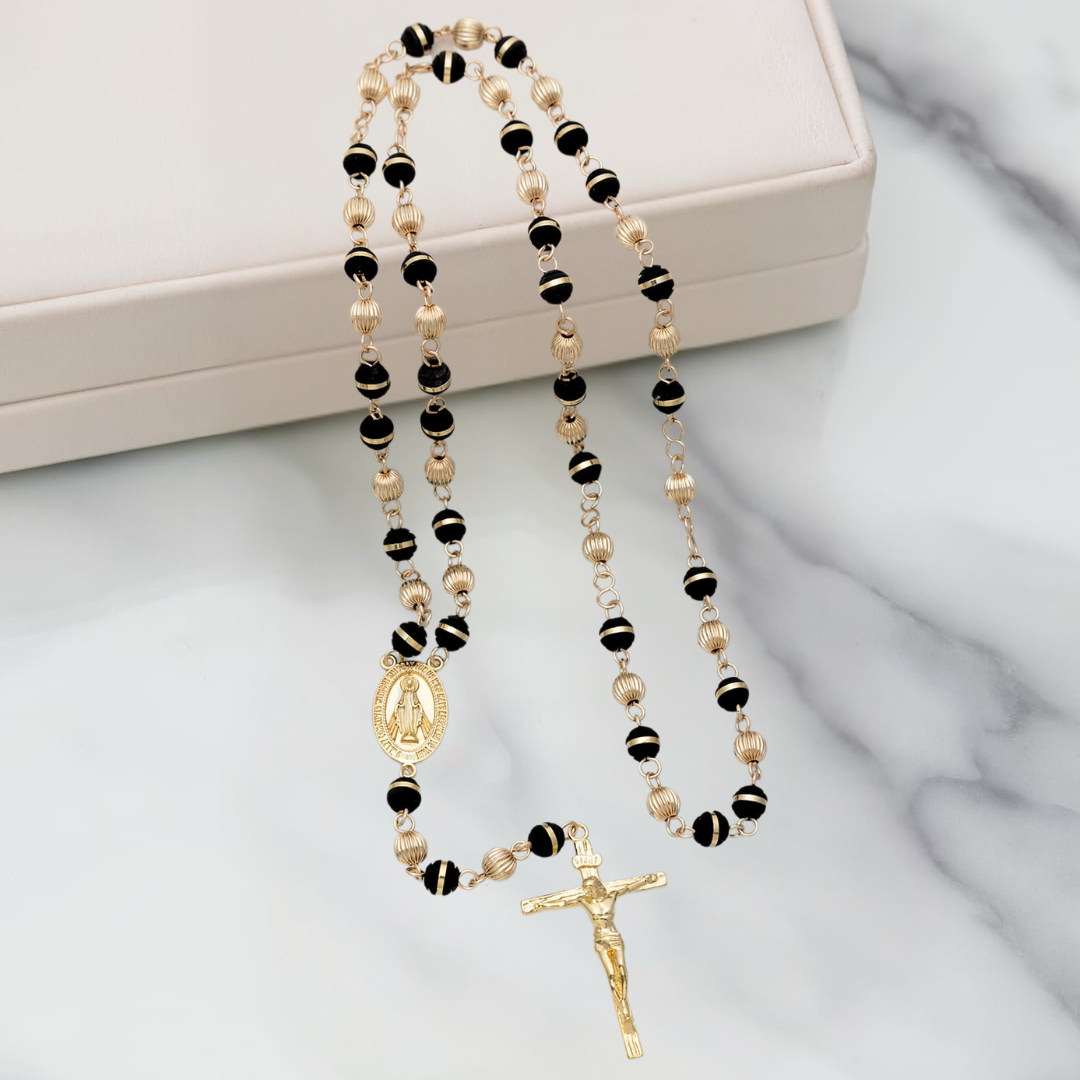 R007 - Rosario en Filigrana con balines Tipo Alemán y Cruz Madero