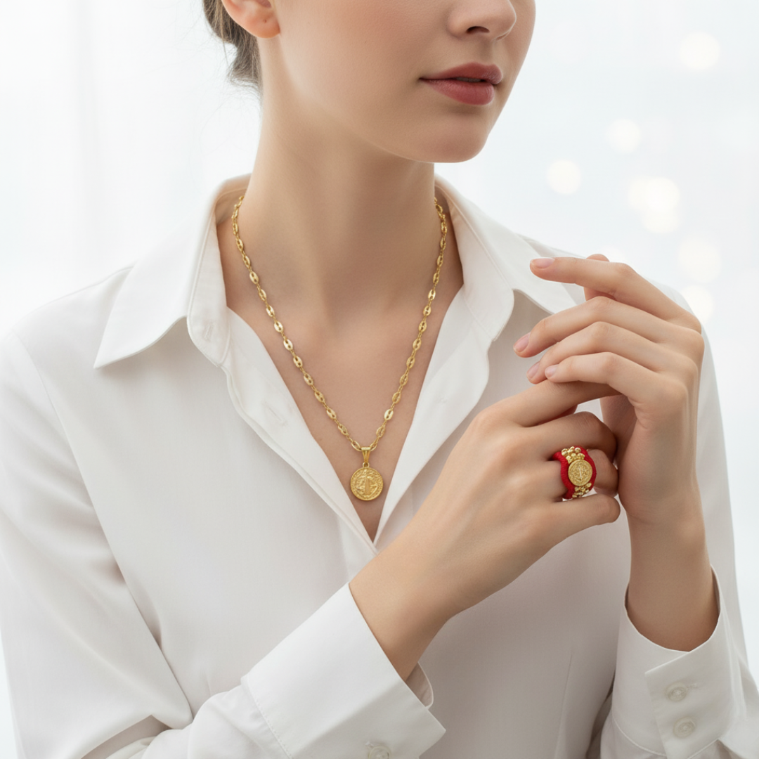 Set Cadena, Dije y Anillo Tejido Protector San Benito