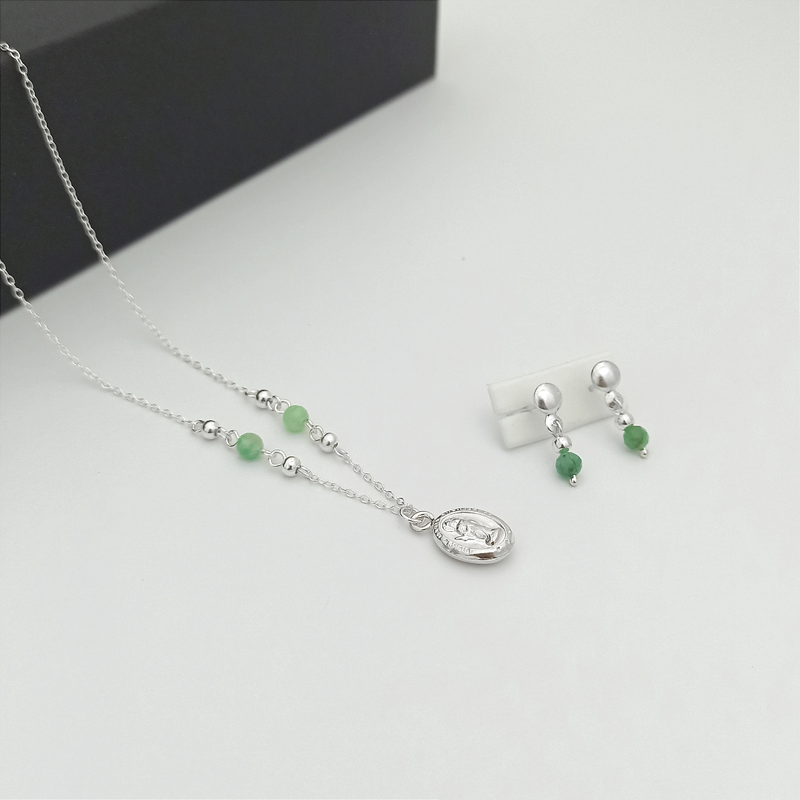 JP61002 - Conjunto Esmeralda Morralla con Cadena, Dije y Aretes